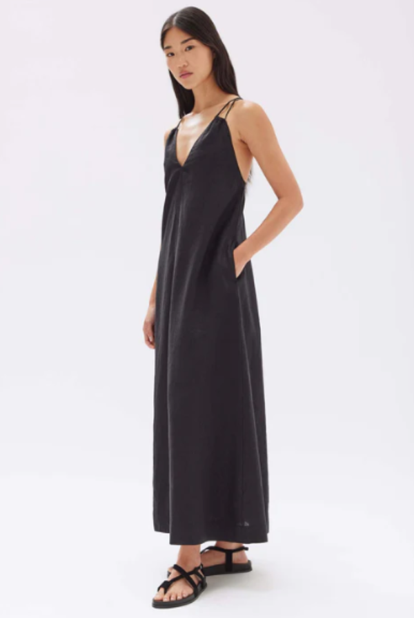 Fiona Linen Midi Dress Black