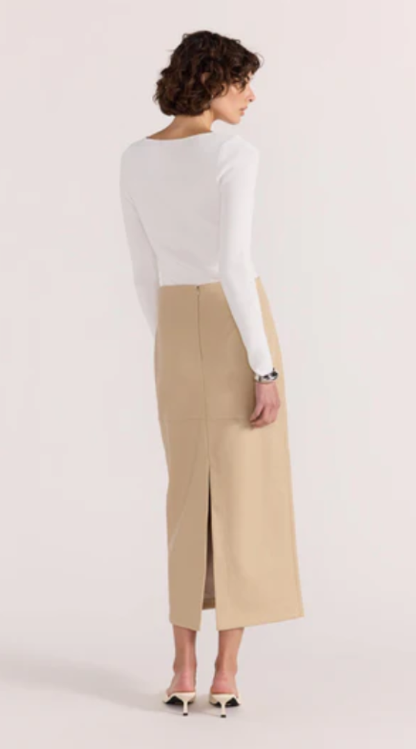 Mira Faux Leather Midi Skirt Natural