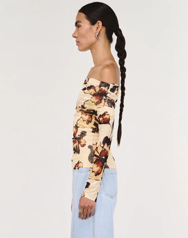 Romy Off Shoulder Mesh Top Abstract Floral