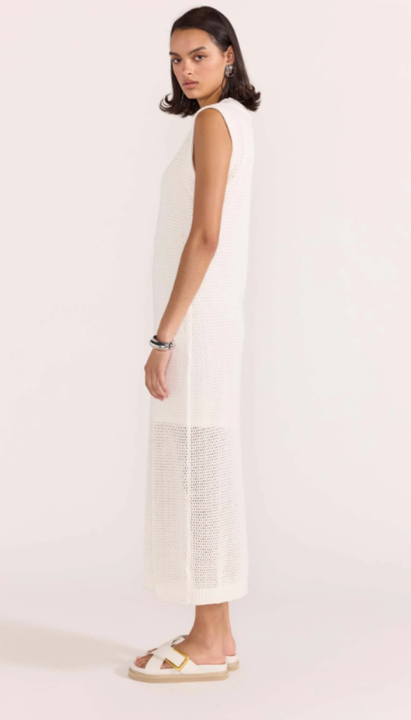 Wave Open Knit Midi Dress White