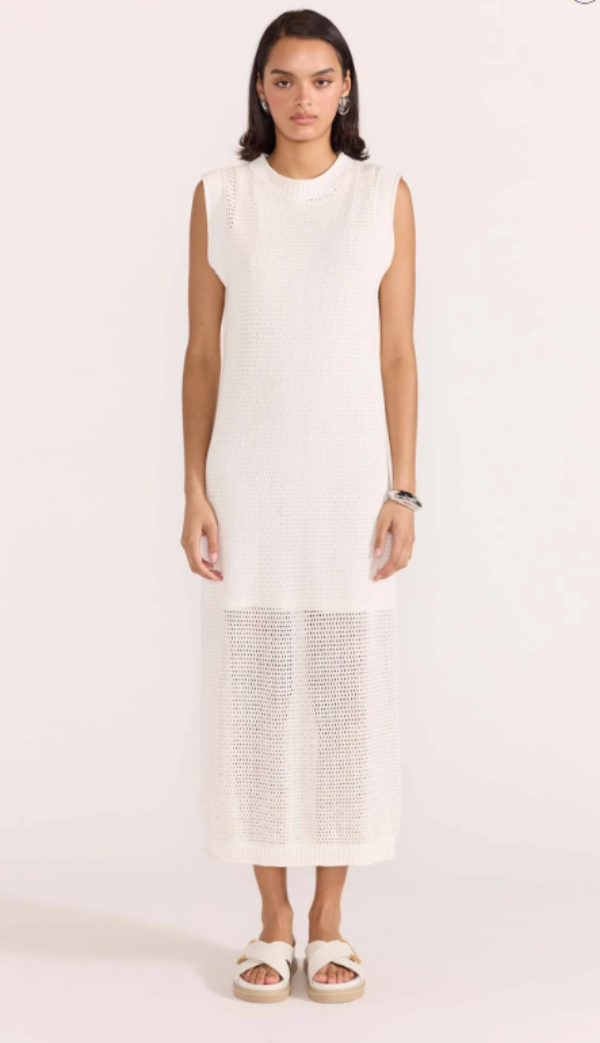 Wave Open Knit Midi Dress White
