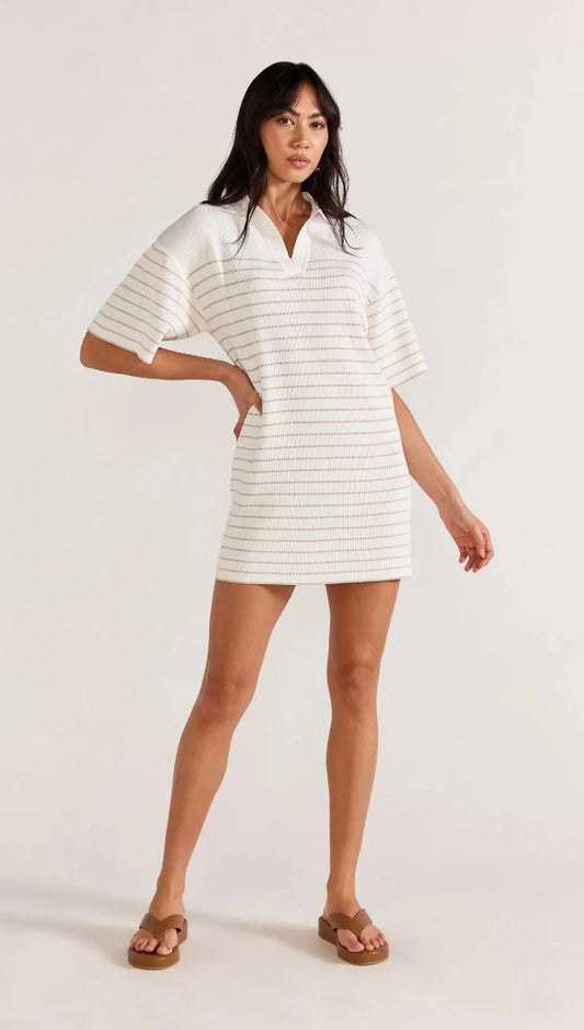 Kiana Stripe Knit Polo Dress White