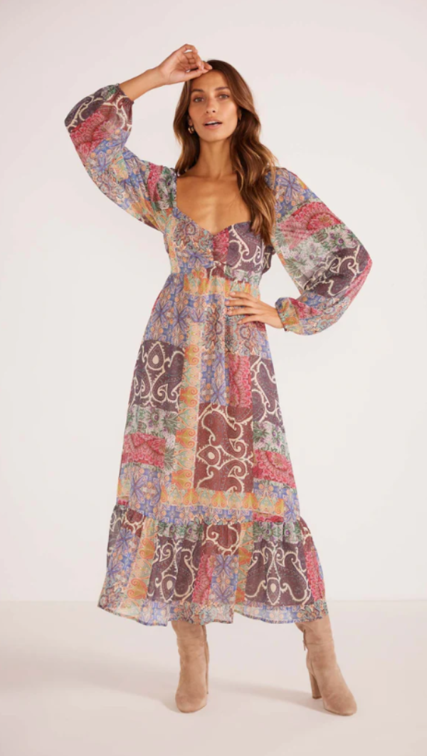 MINKPINK Ciana Babydoll Midi Dress Paisley Patchwork