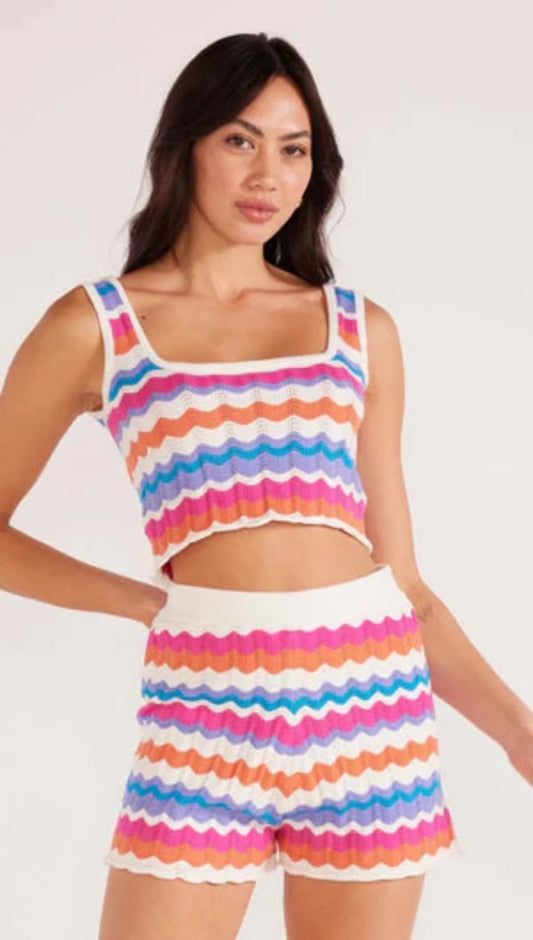 MINKPINK Wilma Pointelle Knit Tank Coral Stripe