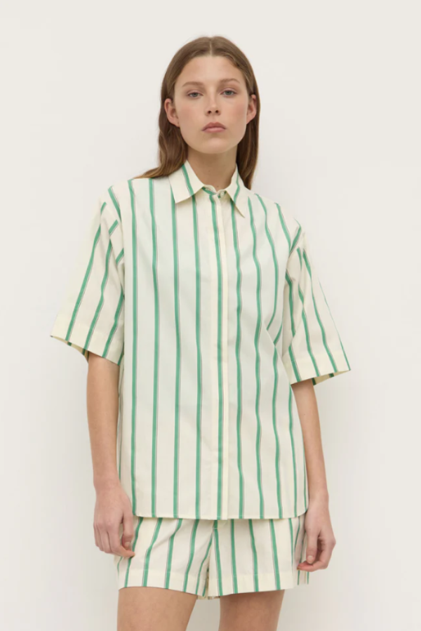 Agnes Stripe Short Sleeve Shirt Butter/Bright Green