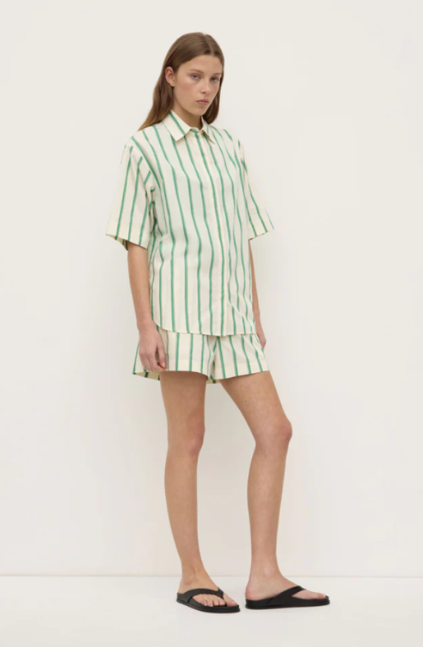 Agnes Stripe Short Sleeve Shirt Butter/Bright Green
