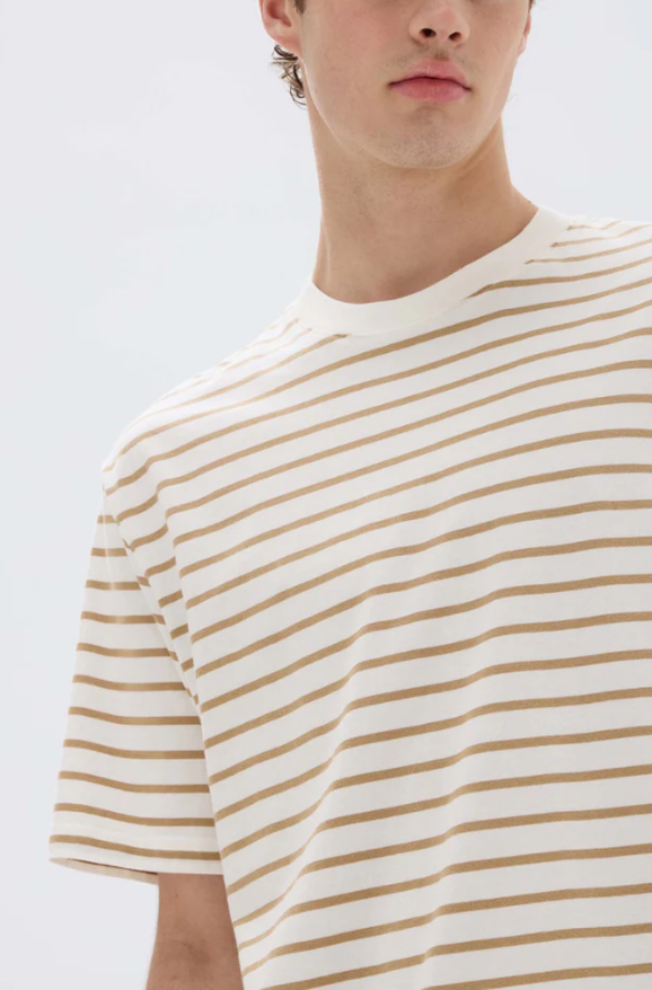 Port Stripe Short Sleeve Tee Antique White Tan