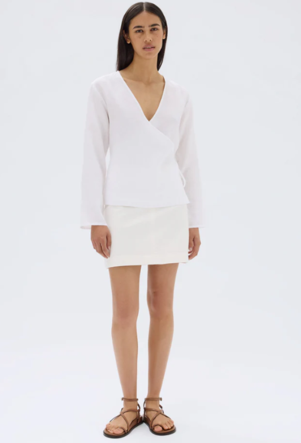Renee Linen Wrap Long Sleeve Top White