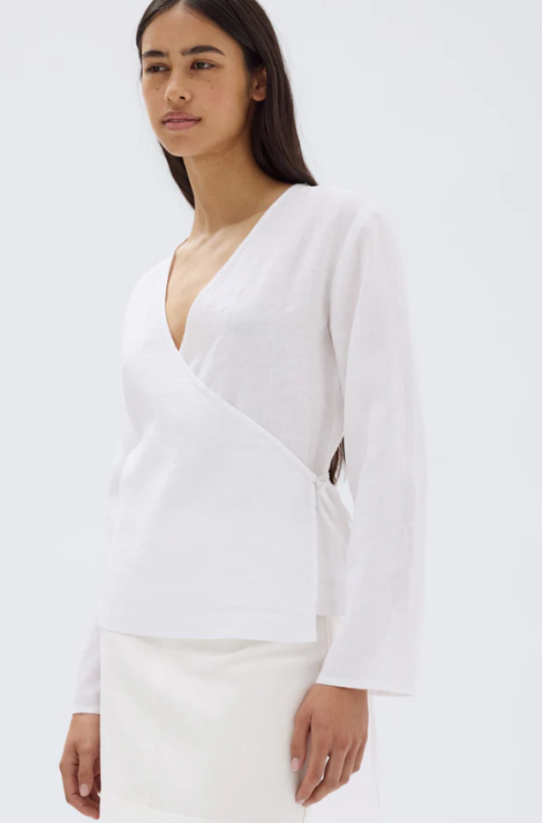 Renee Linen Wrap Long Sleeve Top White