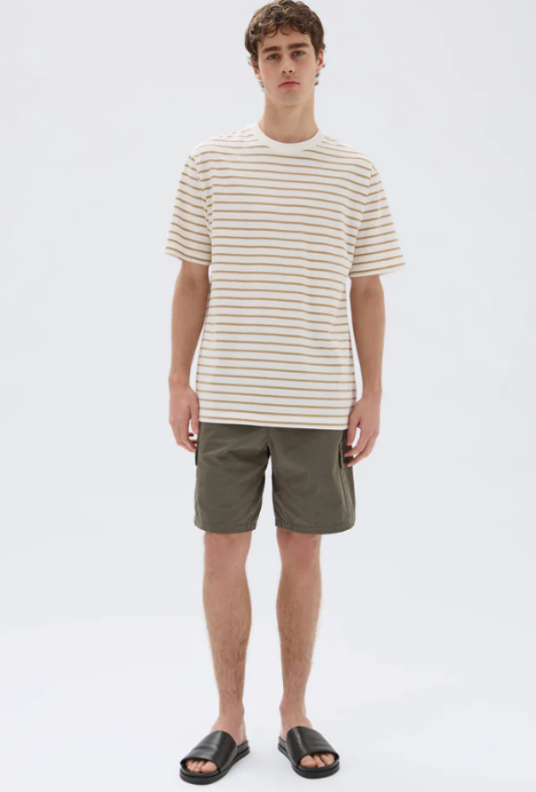Port Stripe Short Sleeve Tee Antique White Tan