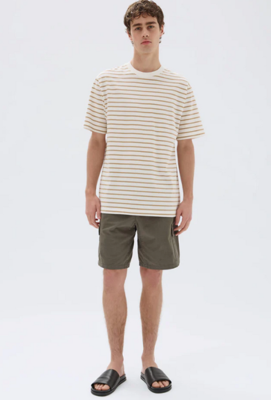 Port Stripe Short Sleeve Tee Antique White Tan