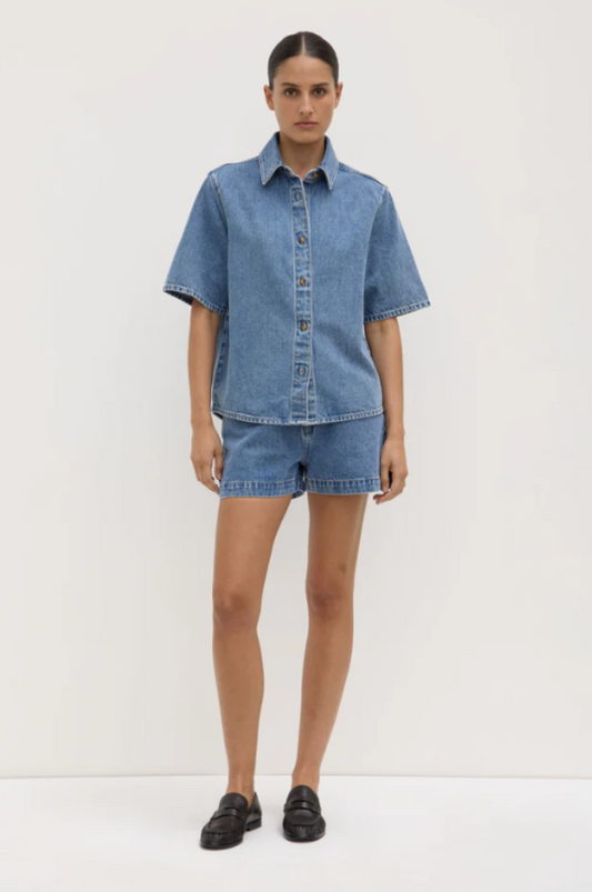 Boxy Denim Short Sleeve Shirt Dark Stone
