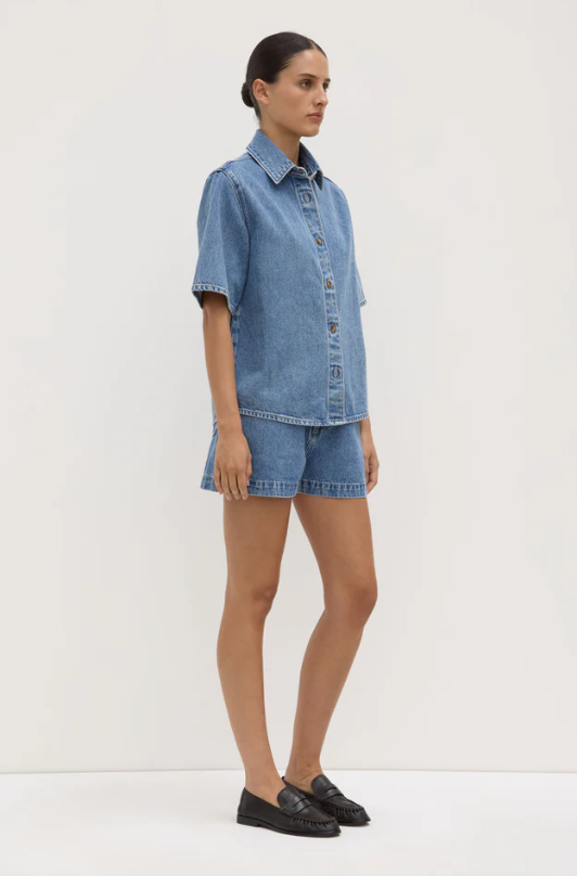 Boxy Denim Short Sleeve Shirt Dark Stone