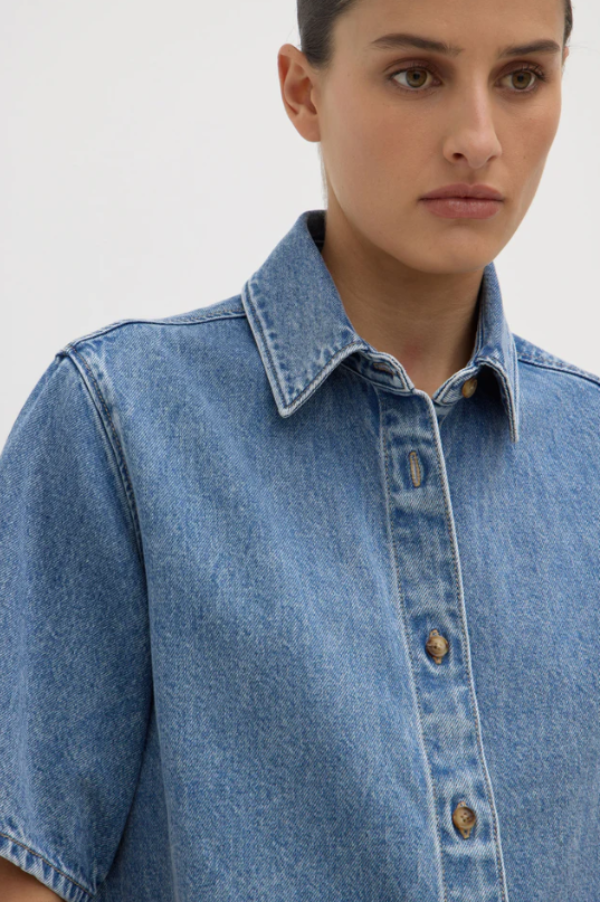 Boxy Denim Short Sleeve Shirt Dark Stone
