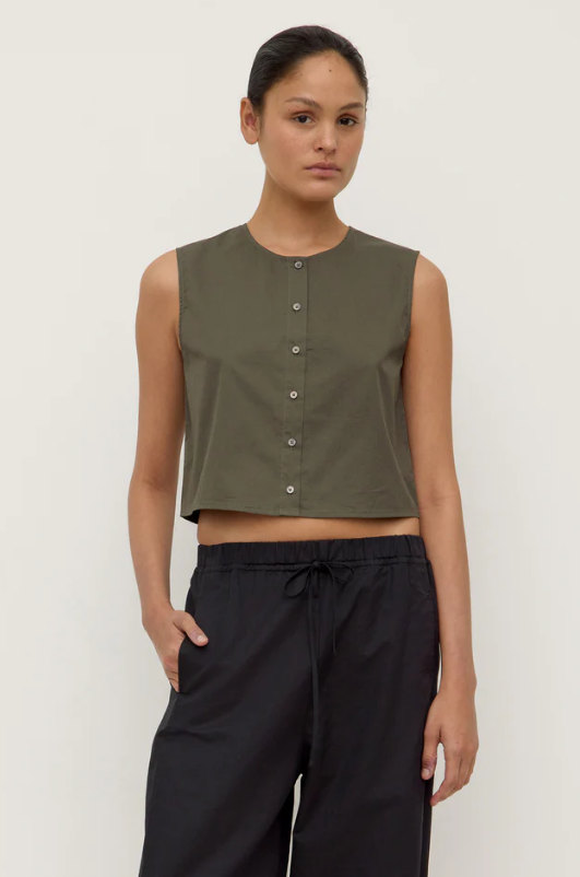 Cherri Button Front Top Moss