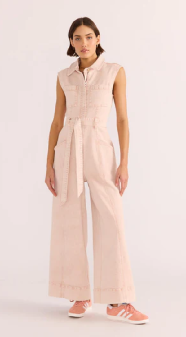 Dahlia Denim Panel Jumpsuit Light-Pink