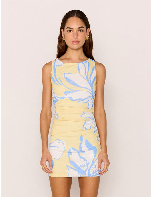 Esme Gathered Mesh Mini Dress Lemon Floral
