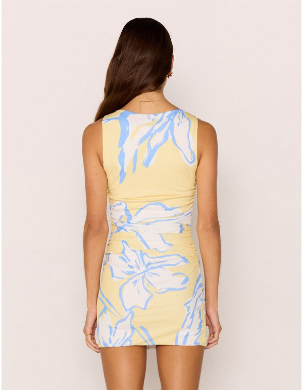 Esme Gathered Mesh Mini Dress Lemon Floral