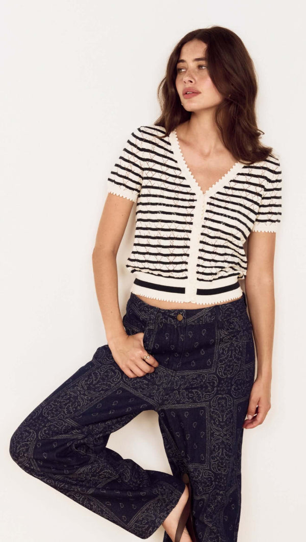 Calla Knit Cardigan Teal Ivory Stripe
