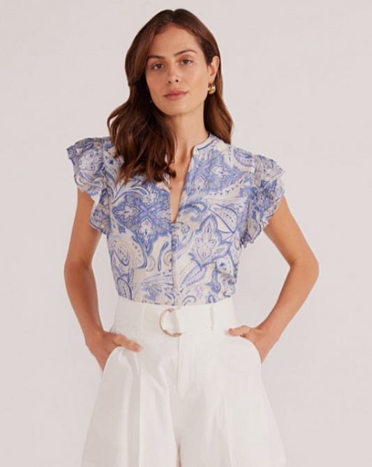 MINKPINK Lola Flutter Sleeve Blouse Blue Paisley