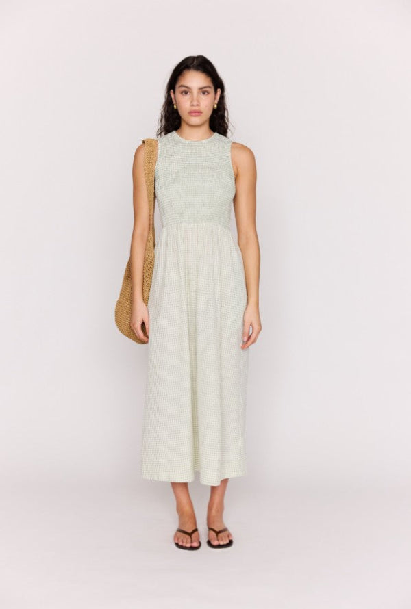 Sabrina Tie Back Midi Dress Sage Gingham