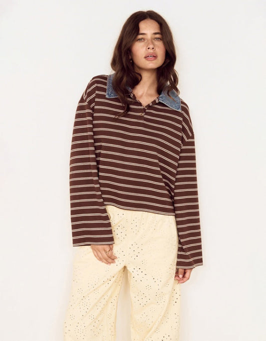 Vesper Polo Top Chocolate Stripe