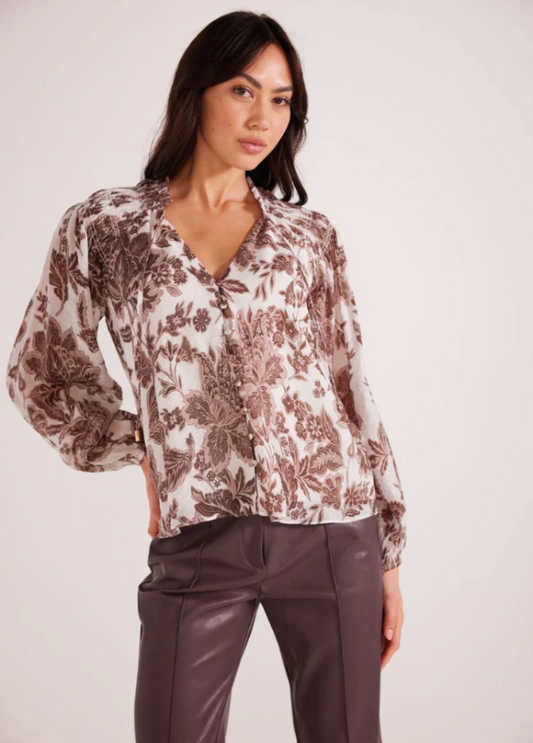 MINKPINK Vivian Long Sleeve Blouse Brown Floral