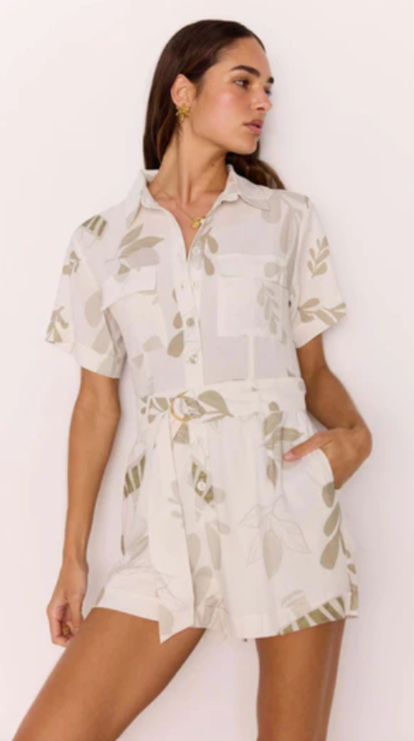 Willow Button Up Playsuit White Sage Leaf