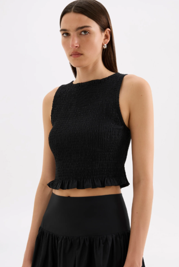 Greta Shirred Poplin Top Black