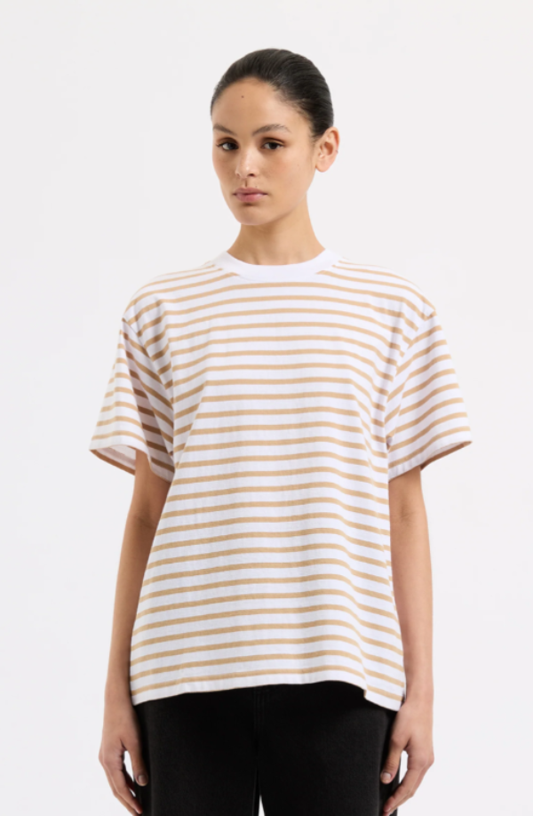 Organic Stripe Boyfriend Tee Camel Stripe