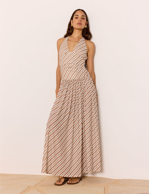 Orielle Halter Mesh Dress Brown/Cream Stripe