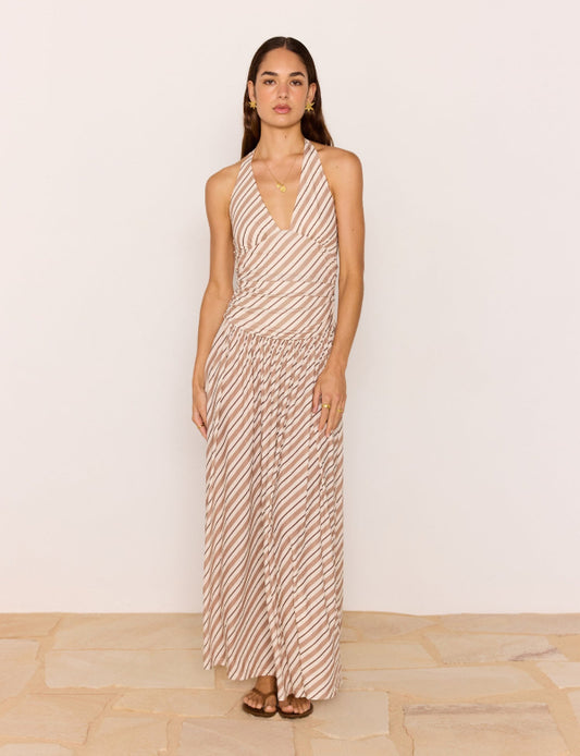 Orielle Halter Mesh Dress Brown/Cream Stripe