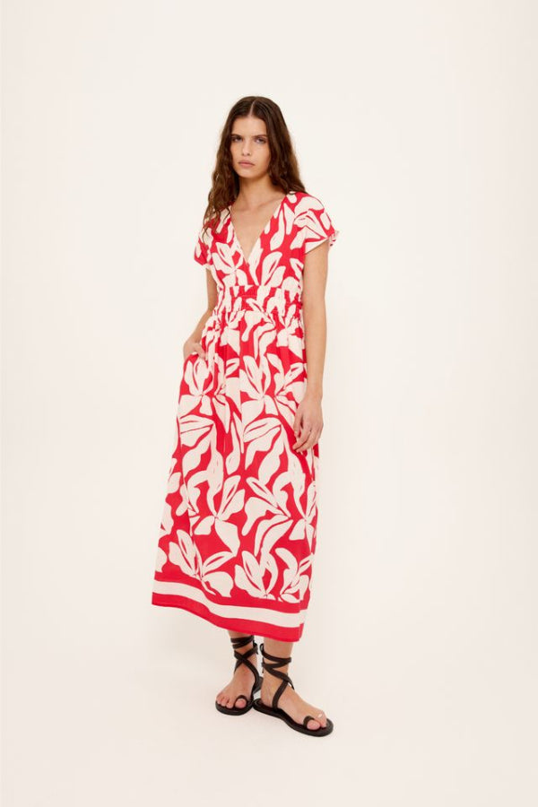 Serata Shirred Midi Dress Red