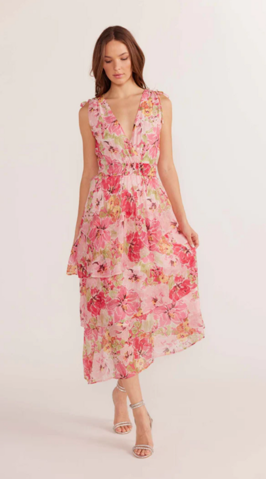 Simone Tiered Midi Dress Pink Floral