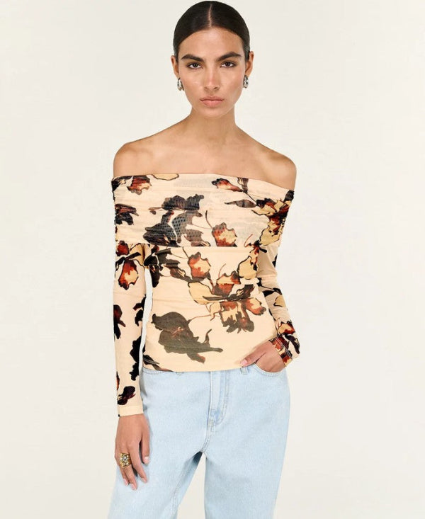 Romy Off Shoulder Mesh Top Abstract Floral