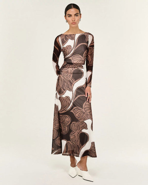 Ulla Mesh Midi Dress Abstract Leaf