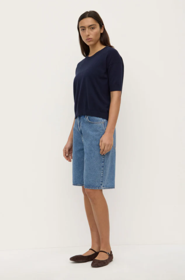 Vanya Cotton Cashmere Boxy Knit Tee True Navy