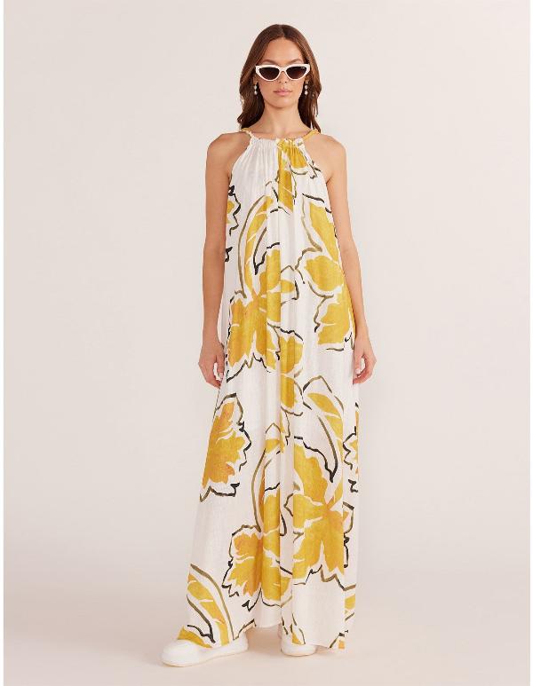 Zuri Halter Neck Dress White Palm Print