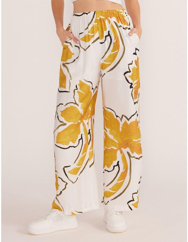 Zuri Wide Leg Pant White Palm Print